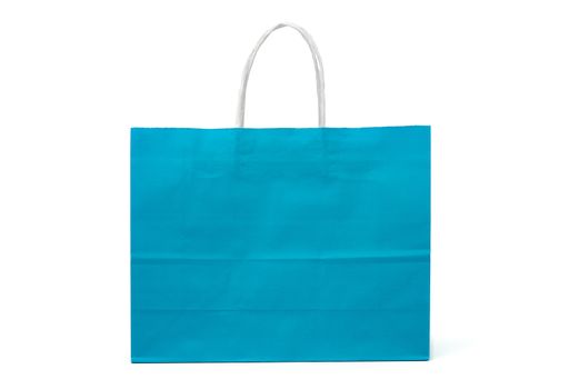 paper blue bag with white handles for shopping and gifts isolated on white background