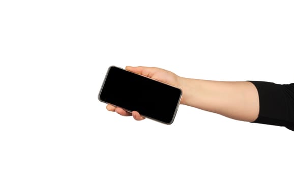 hand holds a modern smartphone with a blank black screen on a white background, template for designer
