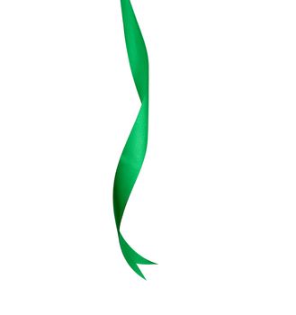 twisted end of green silk ribbon isolated on white background, element for designer