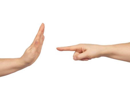 female hand holds pointing with index finger, opposite the hand shows a gesture of stop, the concept of quarrel and clarification of relations