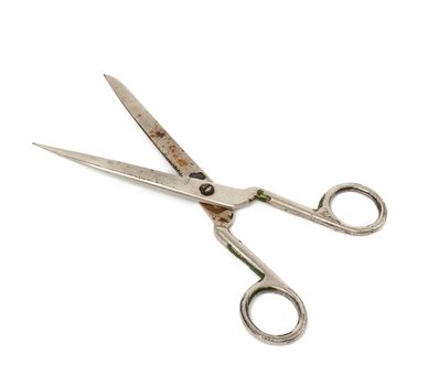 very old vintage metal tailor scissors isolated on a white background, close up