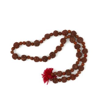 Rudraksha prayer beads for meditation isolated on white background, top view. Japa mala