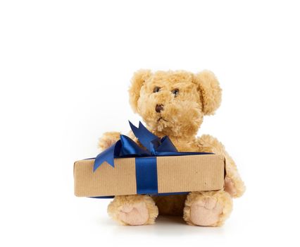cute little brown teddy bear holds a brown box with a blue ribbon on a white background