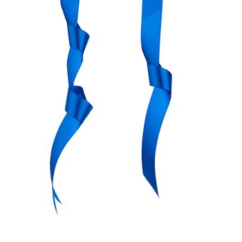 dark blue silk ribbon hanging with a knotted and isolated on a white background, element for the designer