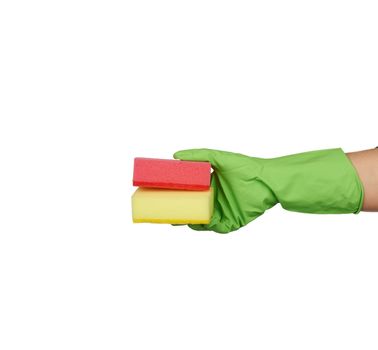 wearing a green glove for cleaning and washing dishes, kitchen sponges in the palm of your hand, part of the body isolated on a white background