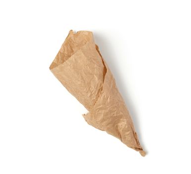 folded empty cone shaped brown paper bag isolated on white background, top view
