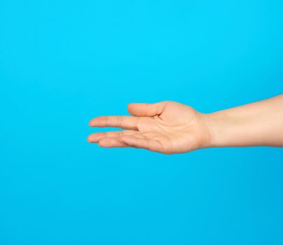 hand reaches to the side, gesture that shows holding the item in the palm, blue background