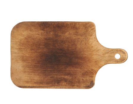 very old empty brown rectangular wooden kitchen cutting board with handle, utensils isolated on a white background