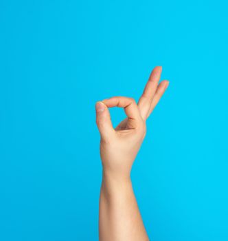 hand shows ok symbol on a blue background, positive emotion, close up