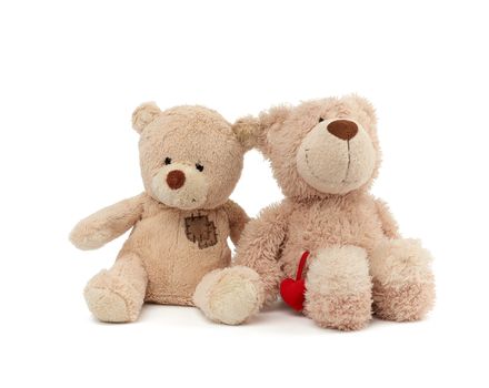two teddy beige bears sitting huddled together, toys isolated on white background