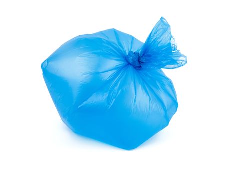 transparent blue plastic garbage bag inflated and tied in a knot, bag isolated on a white background