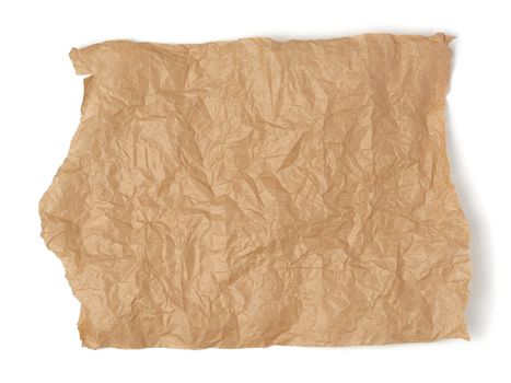 piece of crumpled brown paper isolated on white background, element for designer
