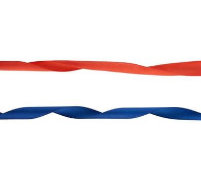 twisted end of red and blue ribbon isolated on white background, element for designer