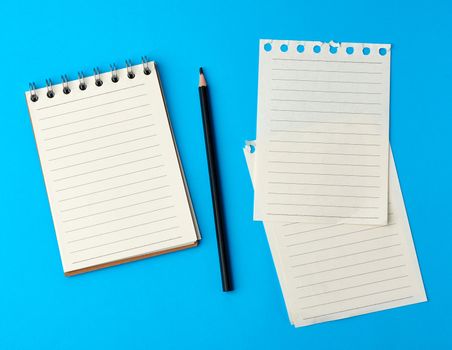 open notebook in line and a black wooden pencil, next to torn pages, top view, blue background 