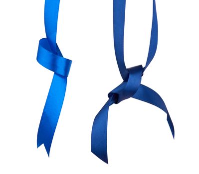 blue and dark blue silk ribbon hanging with a knotted and isolated on a white background, element for the designer