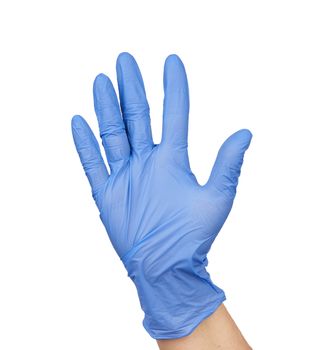 blue medical glove is worn on the arm, part of the body is isolated on a white background
