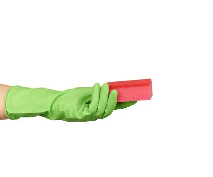 wearing a green glove for cleaning and washing dishes, red kitchen sponge lies in the palm of your hand, part of the body is isolated on a white background