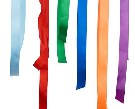 multicolored silk ribbons isolated on white background, decor hangs