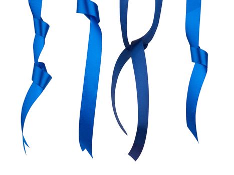 blue and dark blue silk ribbon hanging with a knotted and isolated on a white background, element for the designer