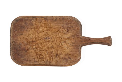 very old brown rectangular wooden kitchen cutting board with handle, utensils isolated on a white background