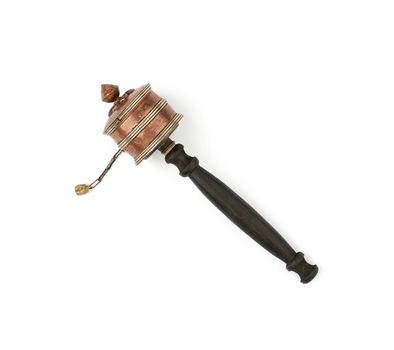 copper Tibetan prayer drum isolated on a white background, top view