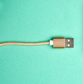 golden cord with usb connector for charging and turning on electronic devices on a green background, top view
