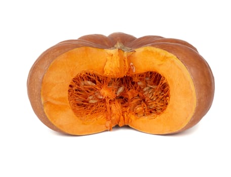 halved big orange pumpkin with seeds isolated on a white background, autumn harvest