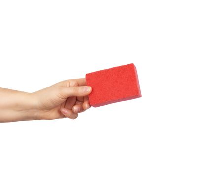 female hand holds a red kitchen sponge for washing dishes, part of the body is isolated on a white background