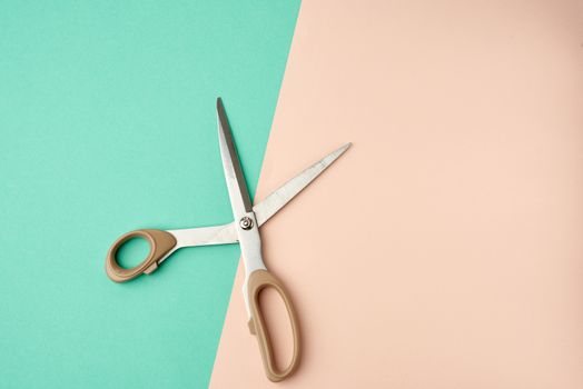 metal scissors with a plastic handle on a green-beige background, top view, flat lay