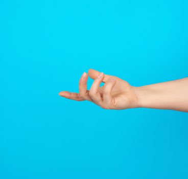 female hand stretches fingers to the subject on a blue background, concept of unity