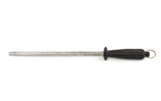 vintage metal sharpener for kitchen knives with a plastic black handle isolated on white background