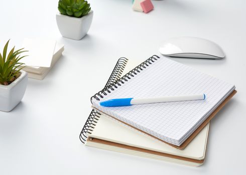 open paper notebooks and pen, computer mouse and green plants in a flowerpot on a white table, freelancer workplace