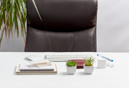 White table with stationery, wireless keyboard, mouse, workplace of a leader, businessman