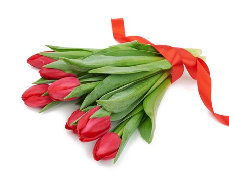 bouquet of fresh red blooming tulips with green leaves and stem isolated on white background with shadow, element for florist and designer, greeting flowers