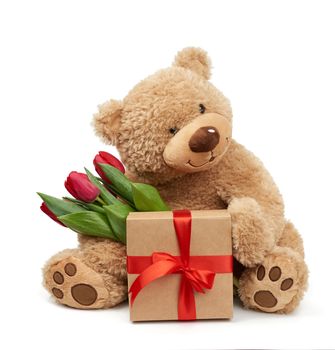 cute brown teddy bear holds in his paw a bouquet of red tulips next to a wrapped gift, festive birthday backdrop, Valentine's day, anniversary, object isolated on a white background