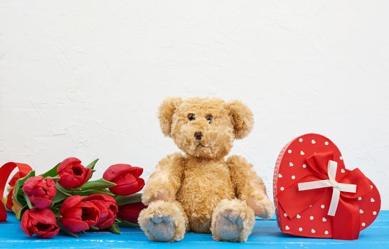 cute brown teddy bear sits on a blue wooden background, bouquet of red tulips, red box, festive backdrop for birthday, Valentine's day, anniversary