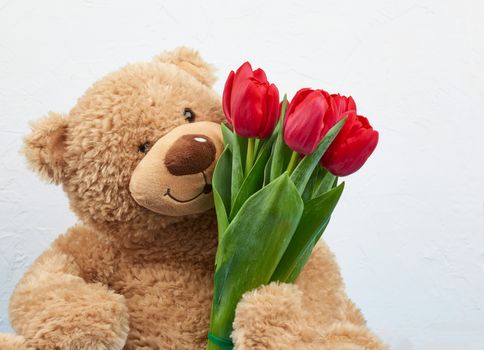 cute brown teddy bear holds in his paw a bouquet of red tulips, festive backdrop for birthday, Valentine's Day, anniversary. Romantic greeting card.