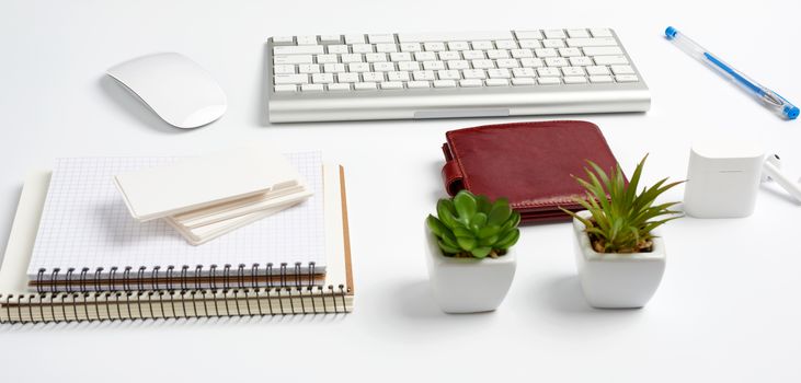 White wireless keyboard, a stack of notebooks, green plants in pots and a mouse, workplace of a freelancer, businessman. White table
