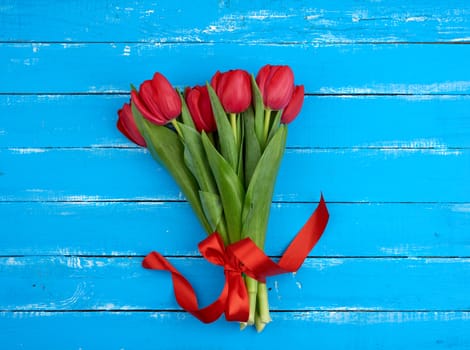 bouquet of red blooming tulips with green stems and leaves tied with a red silk ribbon, flowers lie on a blue wooden background, top view