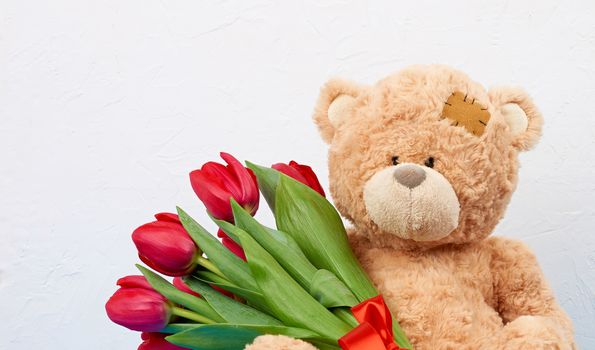 cute brown teddy bear with patches holds in his paw a bouquet of red tulips, festive backdrop for birthday, Valentine's day, anniversary