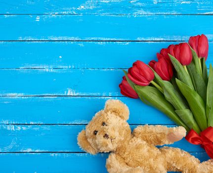 cute brown teddy bear and bouquet of red blooming tulips with green stems and leaves tied with a red silk ribbon, flowers lie on a blue wooden background, top view