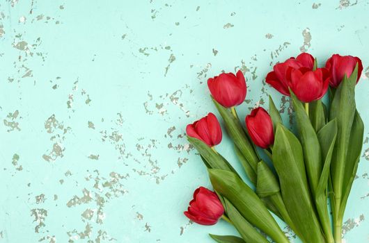 bouquet of red blooming tulips with green stems and leaves on a green cement background. Festive backdrop for birthday, Valentine's day, anniversary