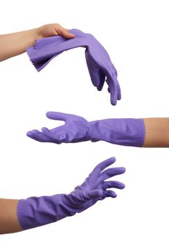 purple rubber glove for cleaning is dressed on his hand, his palm is open and conditionally holds an object, set