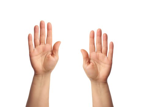 female hand is raised up with an open palm, part of the body is isolated on a white background, concept of joy, voting