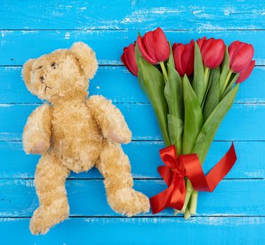 cute brown teddy bear and bouquet of red blooming tulips with green stems and leaves tied with a red silk ribbon, flowers lie on a blue wooden background, top view