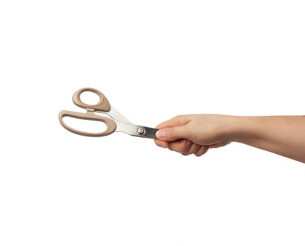 female hand holds metal tailor scissors, white isolated background, close up