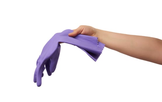 female hand holds green rubber gloves for cleaning, white background, protective clothing for house cleaning