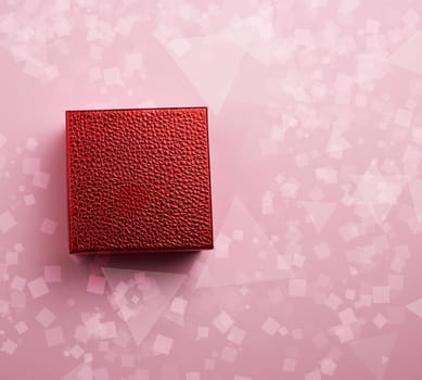 beautiful red shiny closed box on a pink background, concept of congratulations and surprise, top view