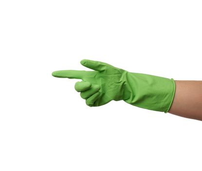 green rubber glove for cleaning is dressed on the hand, protection of the hands from chemicals, isolated white background