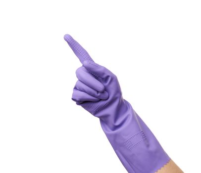 purple rubber glove for cleaning is dressed on the hand, protection of the hands from chemicals, index finger raised, isolated white background